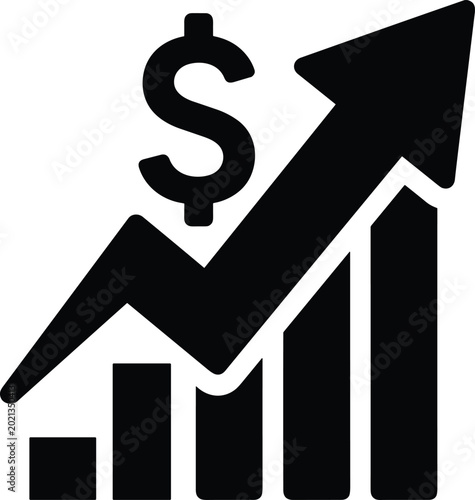 Black icon showing a rising bar chart with a dollar sign representing financial growth and investment success