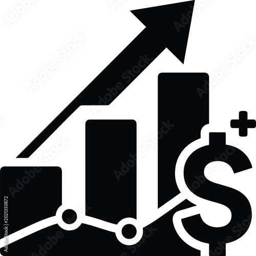 Black silhouette icon showing a rising bar chart with an upward arrow and a dollar sign symbol representing financial growth and profit