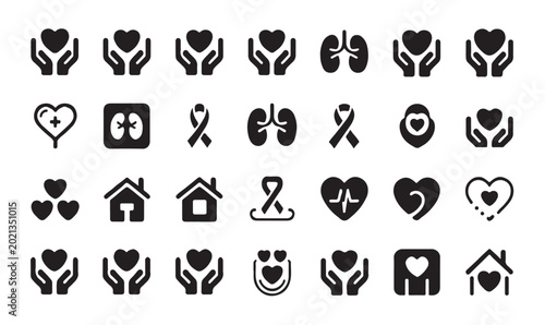 Cuadro en lienzo Set of medical and organ donation icons, including heart, lungs, and ribbon symbols