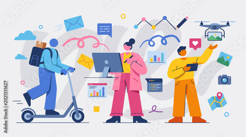 Photos This image captures a lively workspace depicting diverse professionals collaborating with technology, embodying innovation and teamwork in a visually stimulating environment