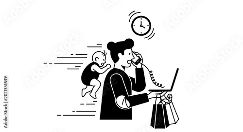 Canvastavla Busy mom on phone with baby.