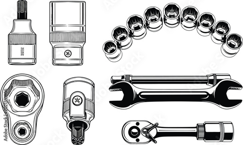 Photos Hand tools and automotive equipment for repair and maintenance work