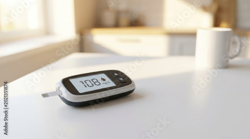 Blood glucose meter diabetes test device showing result on screen with test strip on white table in bright kitchen