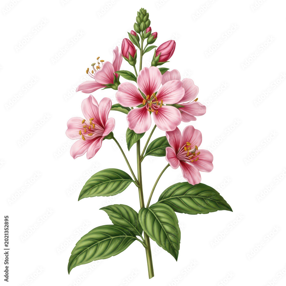 Obraz premium A delicate pink flower with multiple blooms and green leaves on a white background isolated on transparent background