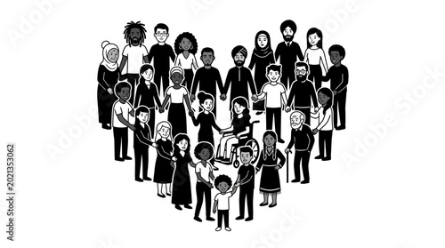Картината върху платно Group of diverse people standing together in a heart shape.