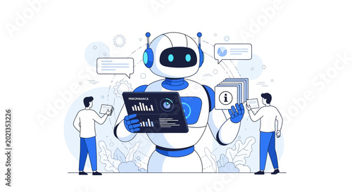 A friendly robot assistant working with people on data analysis and information management.