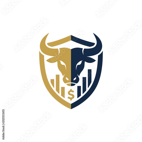 Bull and shield protection with dollar sign and bar chart, bull market and financial growth concept design icon graphic.