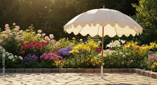An elegant cream parasol stands on a stone terrace, surrounded by a lush summer garden filled with colorful blooms and warm golden sunlight, seasonal, backyard, yard