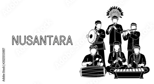 Tableau sur toile Illustration of traditional Indonesian musicians playing cultural musical instruments