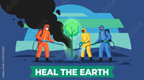 Foto This striking image showcases individuals in protective gear working collaboratively to heal the earth, symbolizing collective action against environmental degradation