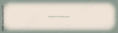 Foto Inverted dots halftone retro styled graphic pattern rounded vignette frame ultra wide 32:9 aspect ratio vintage green vector abstract background