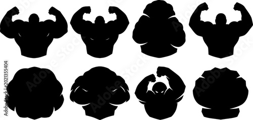 Bild auf Leinwand Collection of eight muscular bodybuilder chest and arm silhouettes vector