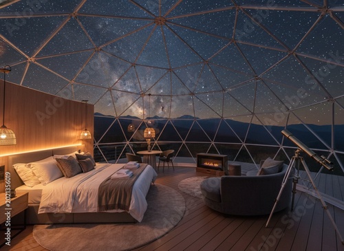 Glamping dome with bed and fireplace at night