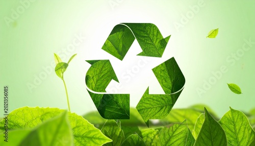 Leaf-Textured Recycling Symbol on Green Gradient Showcasing Environmental Sustainability and Conceptual Eco Design