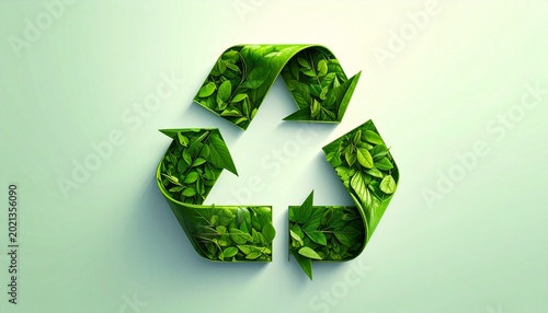 Leaf-Textured Recycling Symbol on Green Gradient Showcasing Environmental Sustainability and Conceptual Eco Design