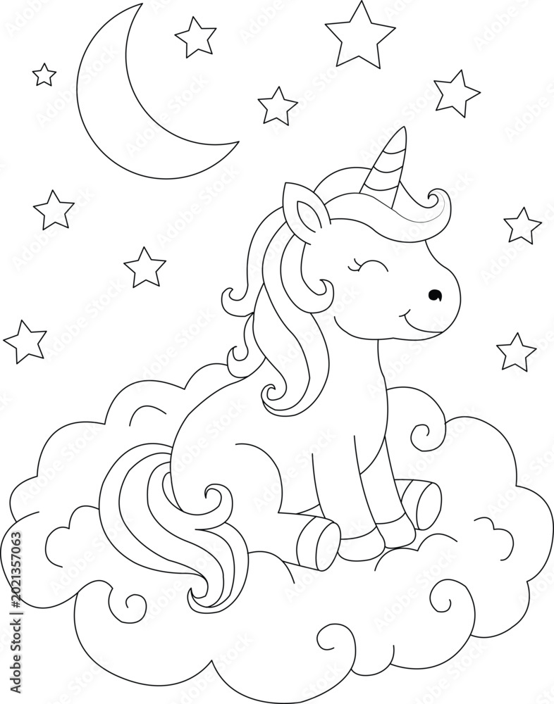 Obraz premium Cute unicorn playing on clouds, coloring page