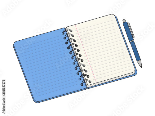 Blue spiral bound notebook with pen on white background for writing notes