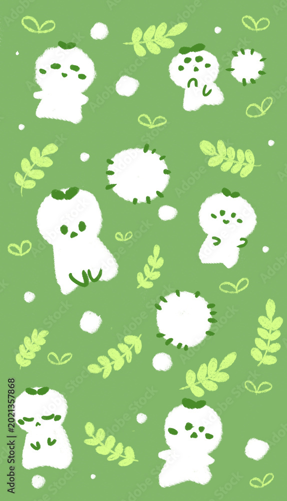 Naklejka premium Cute aesthetic seamless pattern of baby dandelion cotton character- Wallpaper 2500 X 4444 PX For Phone Wallpaper, notebook front cover, Bookmark, cards