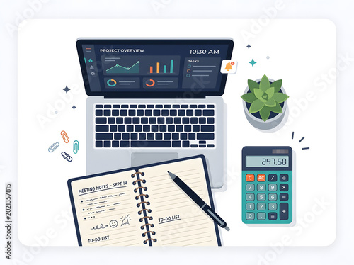 Laptop and office supplies on a desk with a plant