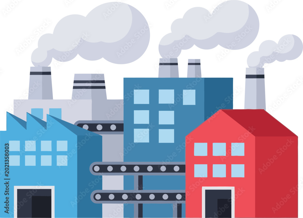 Naklejka premium Cartoon Factory Illustration with Smoke Stacks and Conveyor Belt.