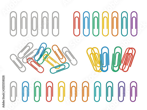Colorful paper clips arranged in rows on a white background office supplies