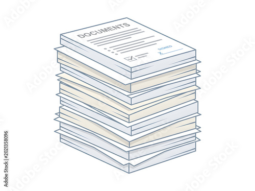 Stack of business documents on white background