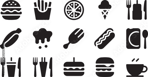 Quadro em tela Diverse food service icons including cutlery burger pizza fries hotdog and condiment bottle