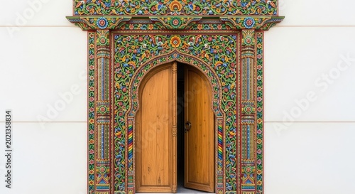 An ornate wooden entrance features masterfully carved floral patterns painted in vivid shades, showcasing traditional craftsmanship and art, handmade, decorative, craftsmanship