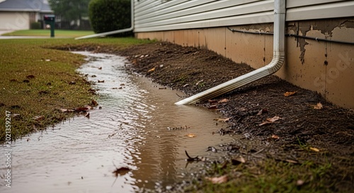 White metal downspout directs heavy rainwater away from the foundation of a residential house during a severe storm event causing significant flooding and water pooling in the yard area outside.