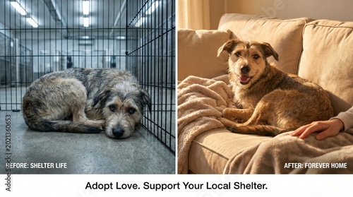 Before and After Adoption Split Composition of Rescue Dog in Shelter and Loving Home for Awareness Campaign