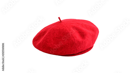 A classic traditional red wool felt basque beret hat french style fashion headwear accessory isolated on transparent background cut out