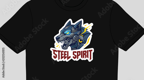 Картината върху платно This eye-catching t-shirt design features a stylized, robotic wolf head with glowing blue eyes, symbolizing strength, technology, and a modern aesthetic style that appeals to fans