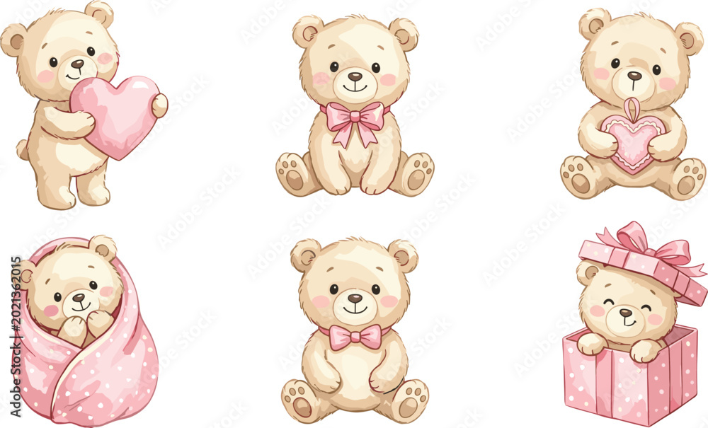 Obraz premium Cute Teddy Bear Vector Set Featuring Baby Bears with Hearts, Bows, Wrapped in Blanket, and Inside Gift Box for Nursery and Greeting DesignsCute Teddy Bear Vector Set Featuring Baby Bears with Hearts,