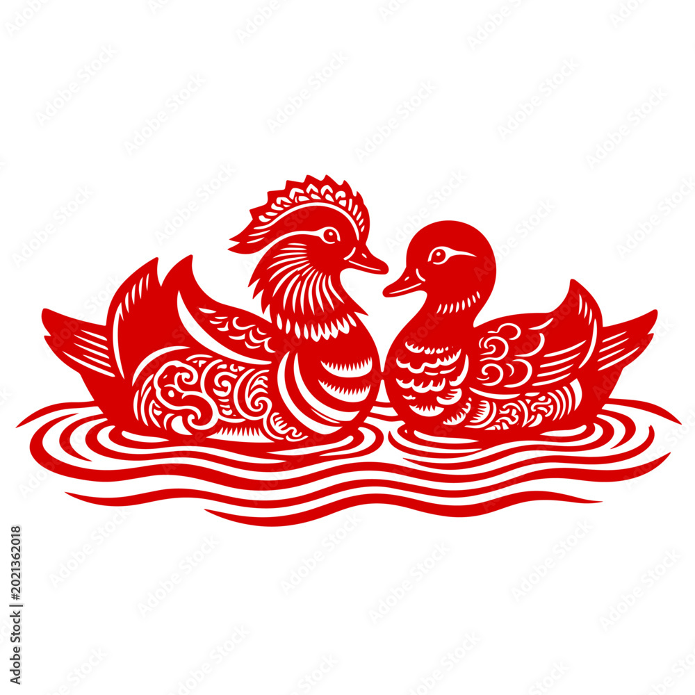 Fotografi Red Papercut Mandarin Ducks