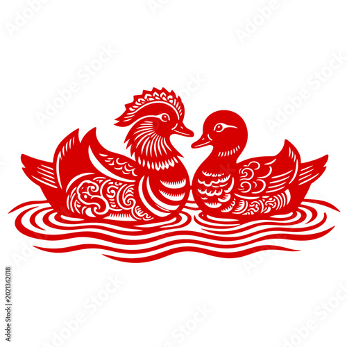 Billede på lærred Red Papercut Mandarin Ducks