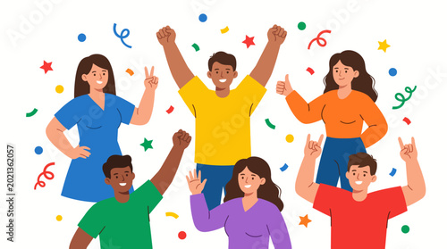 Canvastavla A vibrant and cheerful illustration depicting diverse individuals celebrating together in a festive atmosphere with confetti and joyful expressions