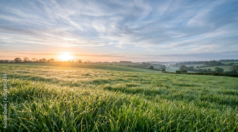 Fototapeta premium Lush green rolling hills at sunrise with morning dew on grass