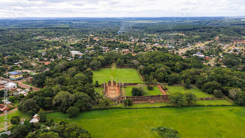 Panoramic aerial view of San Ignacio Miní Jesuit mission ruins and the Parana River, Misiones, Argentina, UNESCO World Heritage site