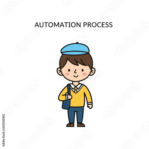Valokuva Cartoon illustration of a young boy with a satchel, representing automation process