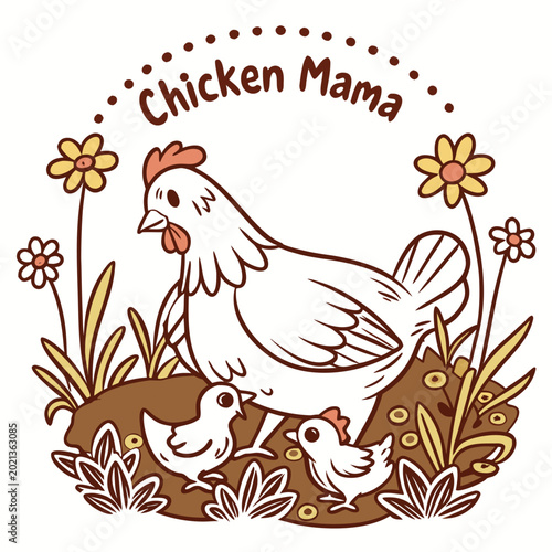 Quadro su tela Cute chicken mama with baby chicks and flowers in garden cartoon illustration