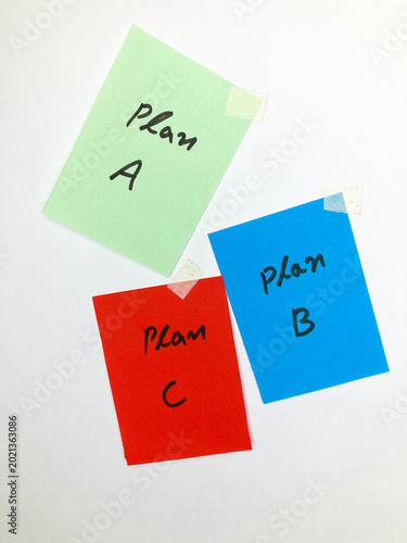 note papers with Plans a, b and c, Strategy notes and plans concept 