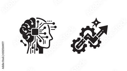 Black icons of a human head with circuit board and gear with arrow for technology and innovation concepts