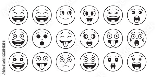 Quadro su tela Set of black linear emoji with diverse emotions isolated on transparent background