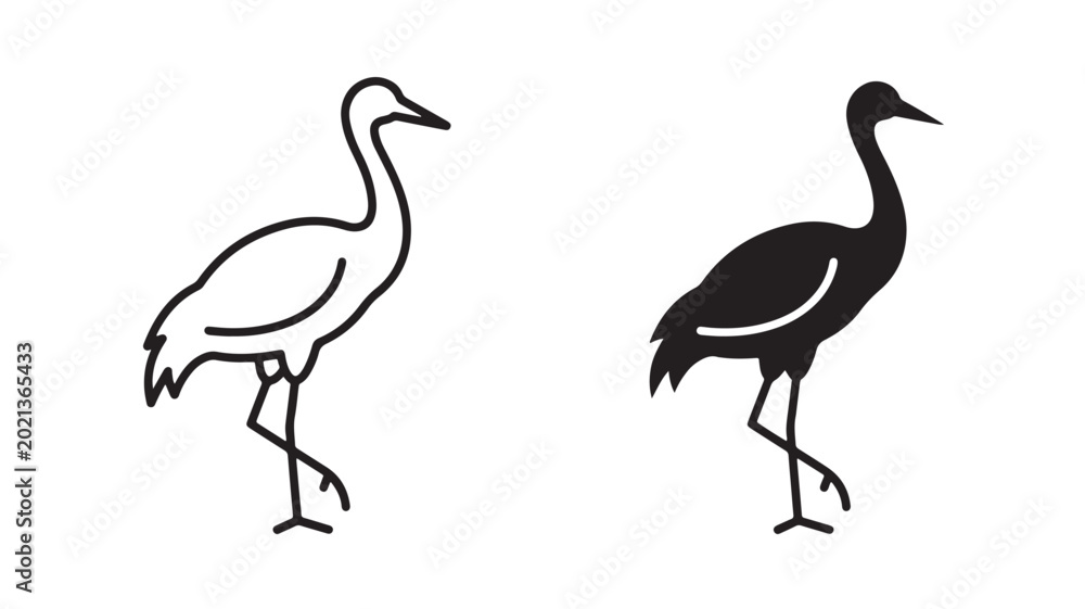 Naklejka premium Black and White Crane Illustrations Standing Side By Side On White Background For Design Elements