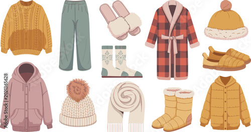 Bild auf Leinwand Warm autumn and winter seasonal clothes collection with knitted sweater, outerwear jackets, woolen hats, comfortable home slippers, fluffy socks and a warm scarf
