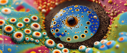 Abstract Colorful Macro Coral-Like Organism With Eye-Like Center