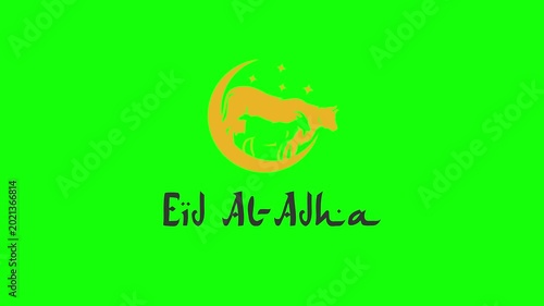Eid al adha sacrifice symbol with moon and animals, green screen background