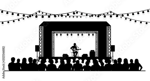 Photos Silhouette illustration of a solo guitarist performing live on a concert stage for an audience