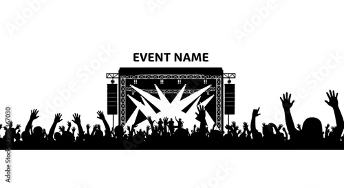 Silhouette of a concert crowd cheering in front of a stage with lights.