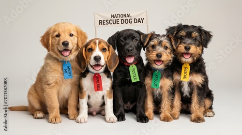 Adorable Rescue Puppies with Colorful Adoption Tags Sitting Together for National Rescue Dog Day Celebration